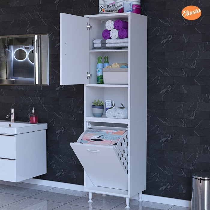 45x160 Cm Sepetli Kirli Çamaşır Dolabı Banyo Dolabı Raflı Mutfak Dolabı Çok Amaçlı Dolap