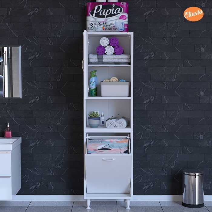 45x160 Cm Sepetli Kirli Çamaşır Dolabı Banyo Dolabı Raflı Mutfak Dolabı Çok Amaçlı Dolap