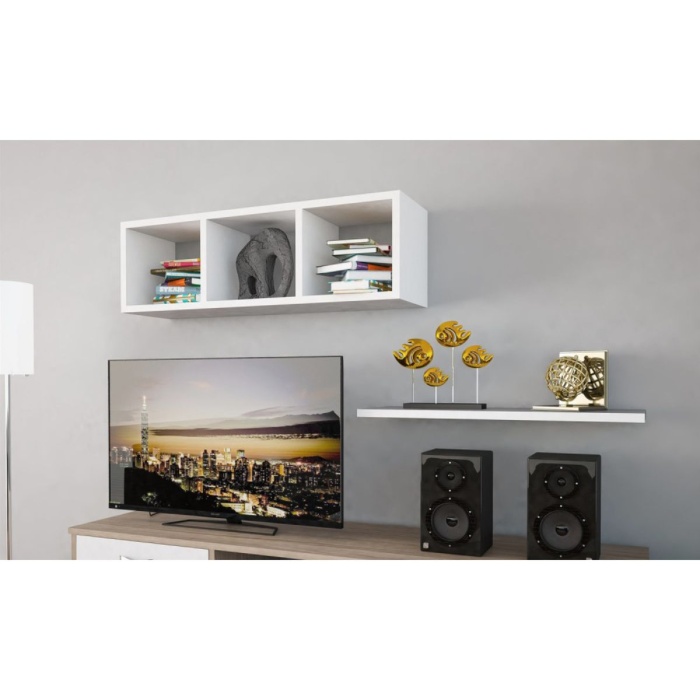 Duvar Rafı Üç Gözlü Tv Rafı Kitaplık Duvar Unitesi