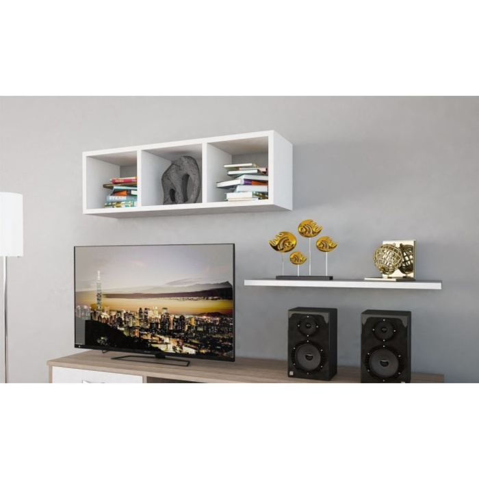 Duvar Rafı 3 Gözlü Tv Rafı Kitaplık Duvar Ünitesi