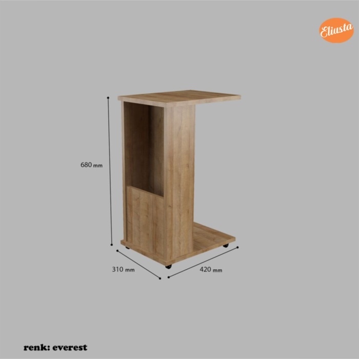 Raflı C Yan Sehpa Koltuk Yanı Tekerlekli Sehpa Çok Amaçlı