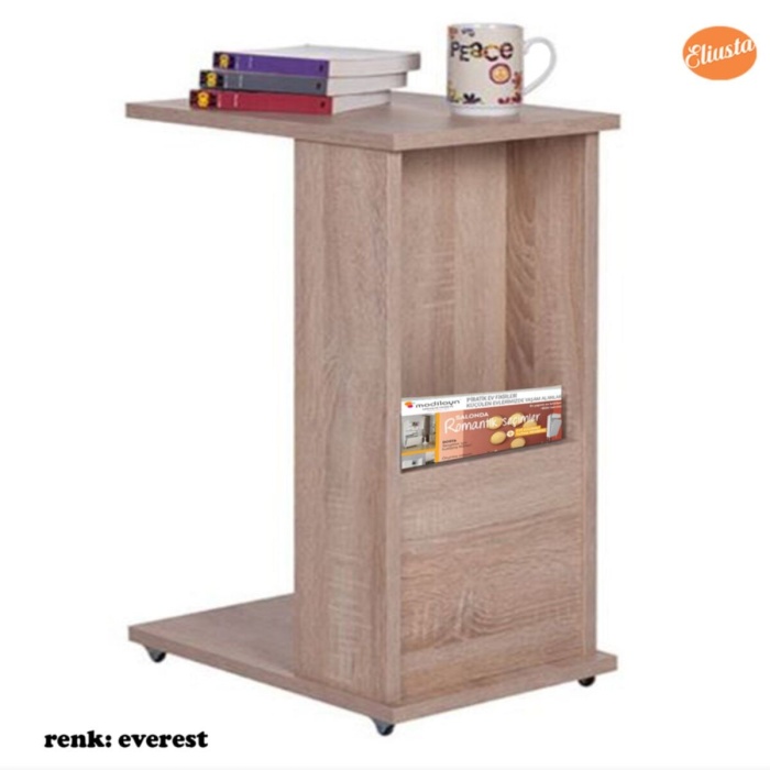 Raflı C Yan Sehpa Koltuk Yanı Tekerlekli Sehpa Çok Amaçlı