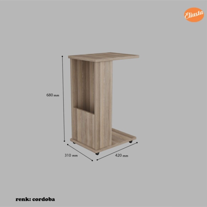 Raflı C Yan Sehpa Koltuk Yanı Tekerlekli Sehpa Çok Amaçlı