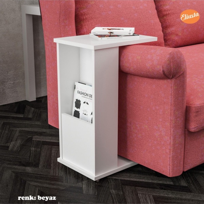 Raflı C Yan Sehpa Koltuk Yanı Tekerlekli Sehpa Çok Amaçlı