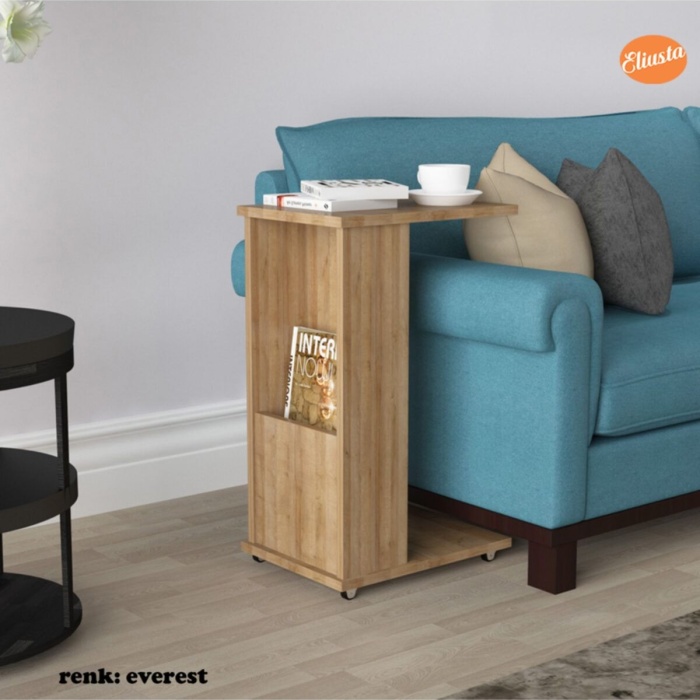 Raflı C Yan Sehpa Koltuk Yanı Tekerlekli Sehpa Çok Amaçlı