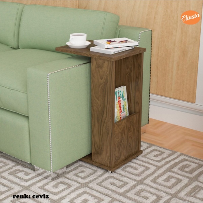 Raflı C Yan Sehpa Koltuk Yanı Tekerlekli Sehpa Çok Amaçlı