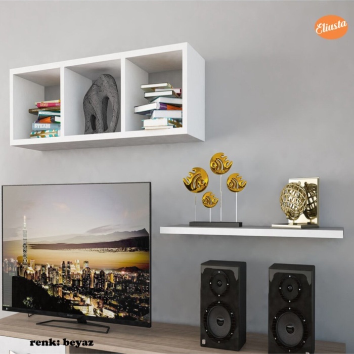 Kitaplık Duvar Rafı Tv Ünitesi Rafı Asmalı