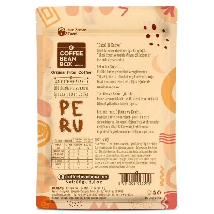 Filtre Kahve Peru Öğütülmüş Kahve 80 Gr 10 Paket