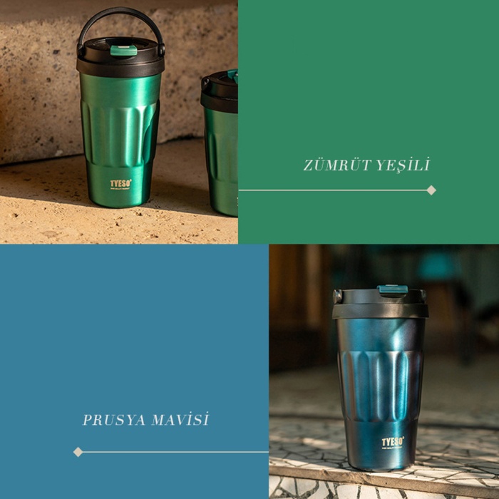 Tyeso Coffe Mug Vakumlu Paslanmaz Çelik Taşıma Kulplu 500 ML Mavi