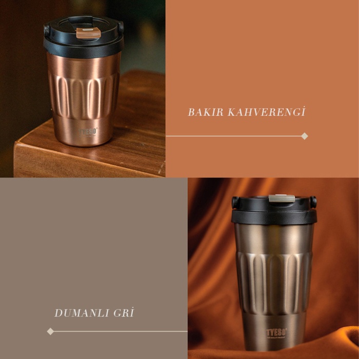 Tyeso Coffe Mug Vakumlu Paslanmaz Çelik Taşıma Kulplu 500 ML Gri