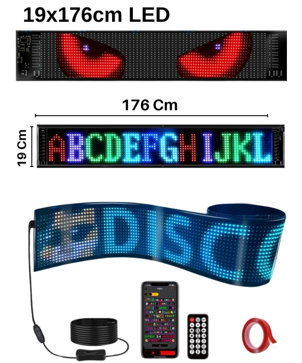 19x176cm Matrix Esnek LED Ekran Şeytan Gözler-Yazı Bluetooth Telefon Kontrollü Araba-Dükkan-Kamyon