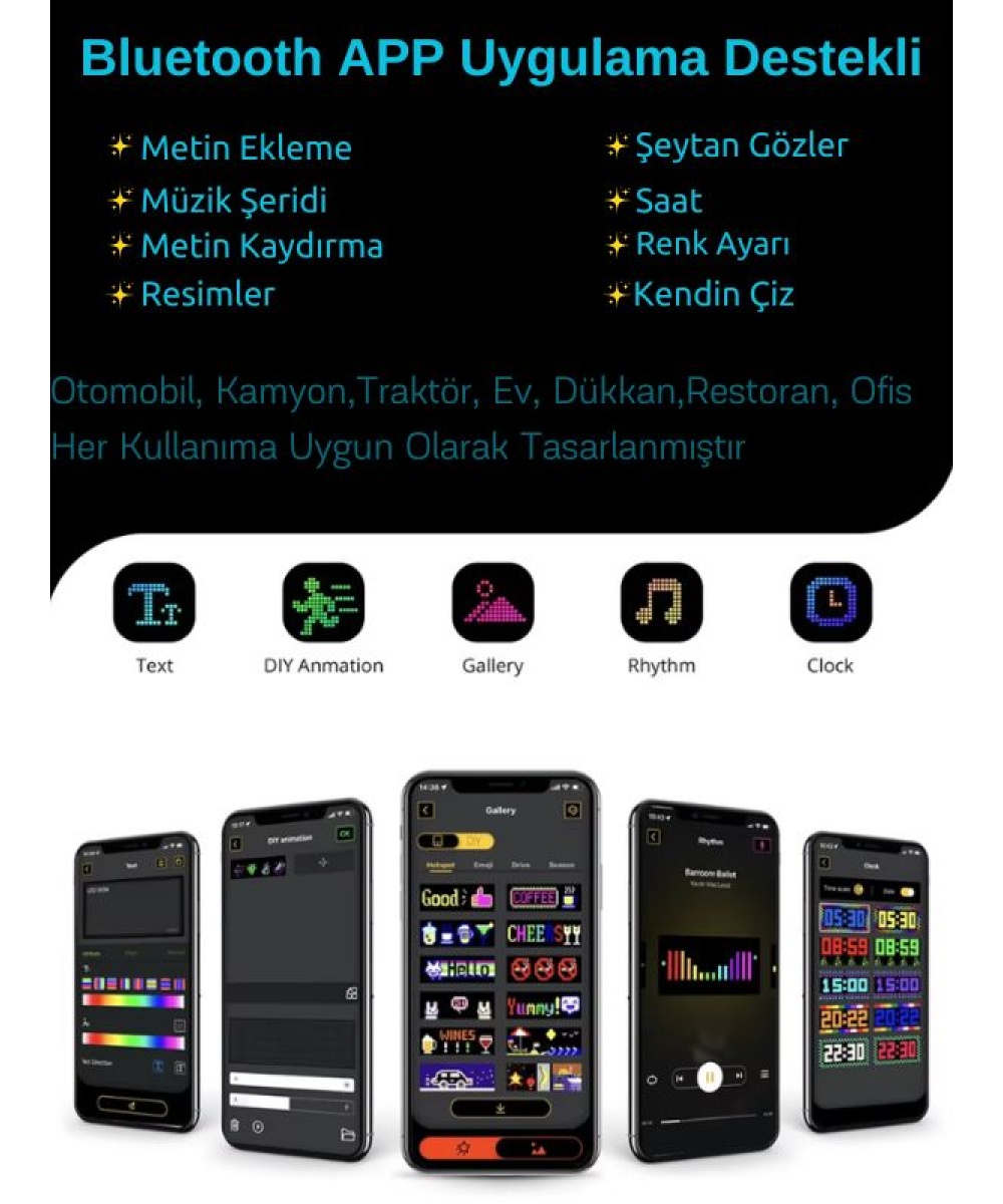 10x35cm Matrix Esnek LED Ekran Şeytan Gözler-Yazı Bluetooth Telefon Kontrollü Araba-Dükkan-Kamyon