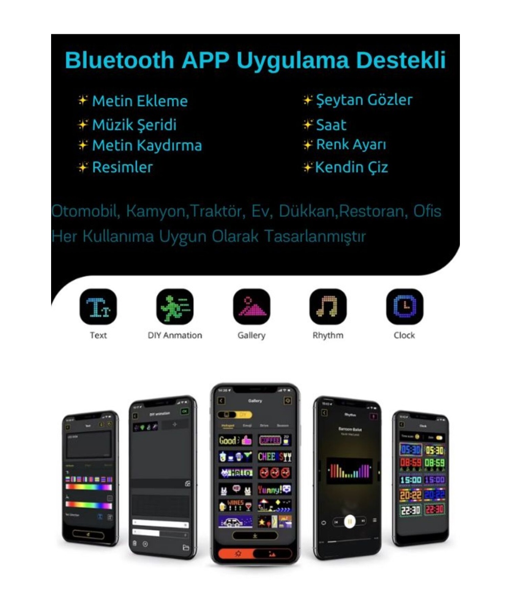 7x17.5cm Matrix Esnek LED Ekran Şeytan Gözler-Yazı-Gif Telefon Kontrollü Bluetooth Tabela Araba Kamyon Dükkan