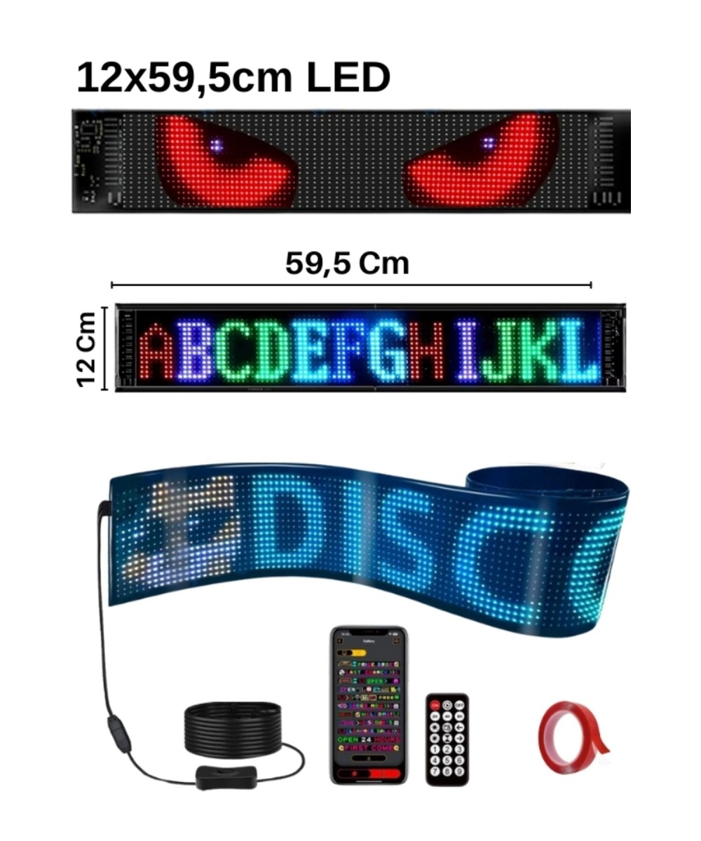 12x59.5cm Matrix Esnek LED Ekran Şeytan Gözler-Yazı-Gif  Telefon Kontrollü Bluetooth Tabela Araba Kamyon Dükkan