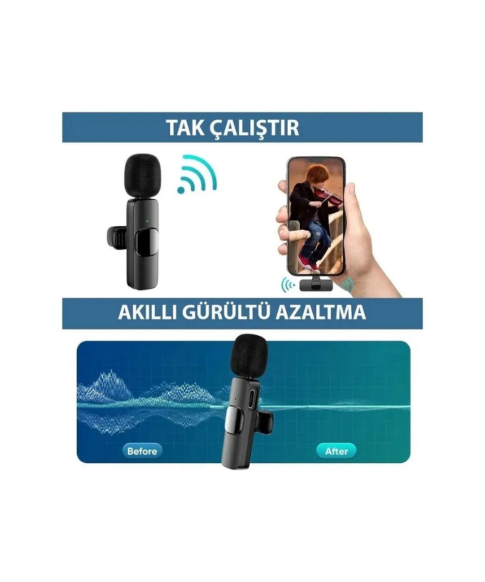 K9 2li Kablosuz Yaka Mikrofonu Type-C Girişli Tak Çalıştır İphone/Android Uyumlu Yaka Mikrofonu