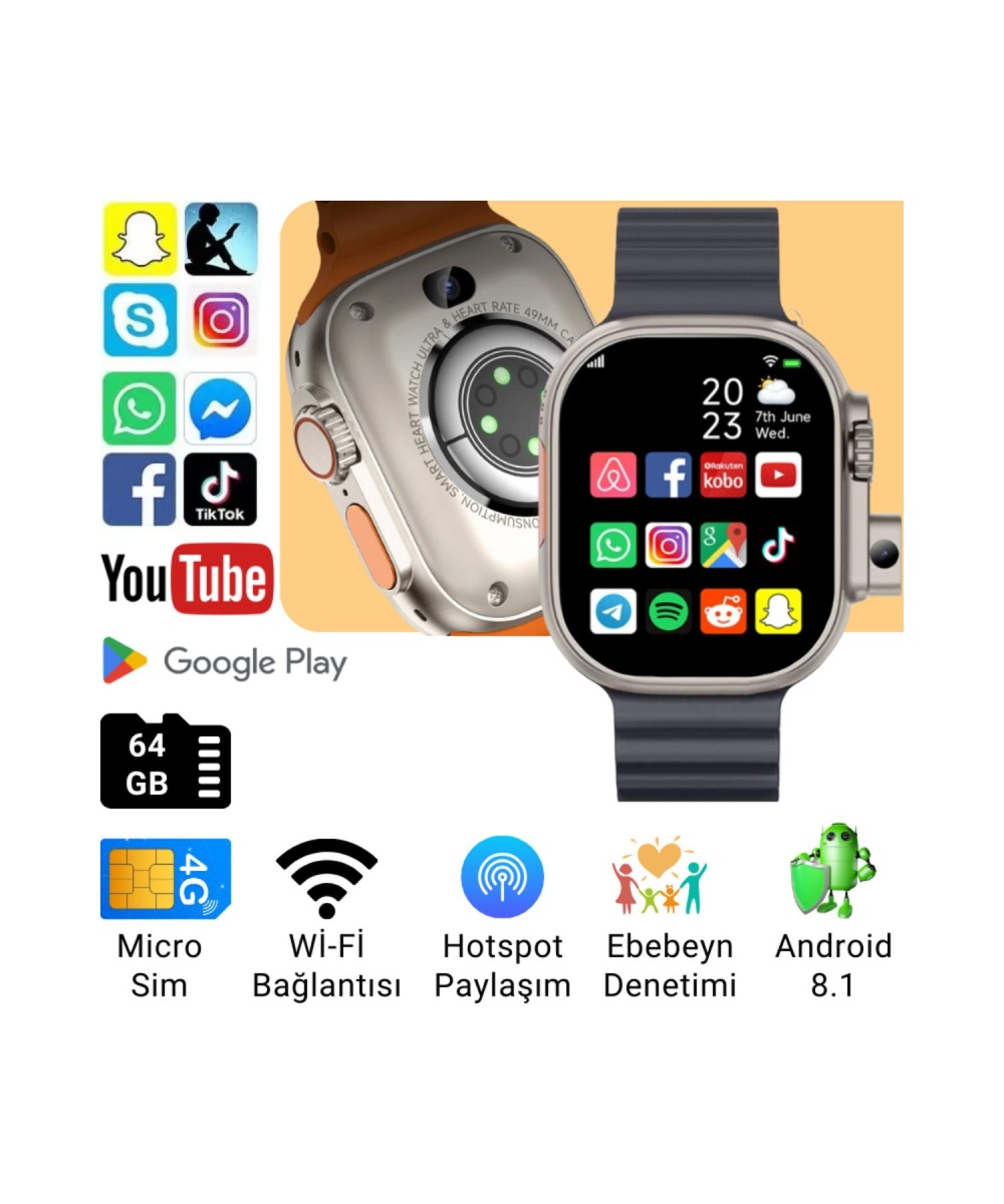 5g Lte Watch Ultra 64gb Hafıza, Kamera Sim Kartlı Akıllı Saat Wifi Çocuk Huawei Iphone Uyumlu 8,9,10