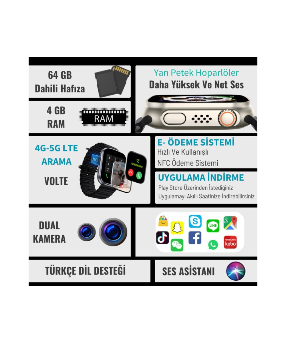 5g Lte Watch Ultra 64gb Hafıza, Kamera Sim Kartlı Akıllı Saat Wifi Çocuk Huawei Iphone Uyumlu 8,9,10