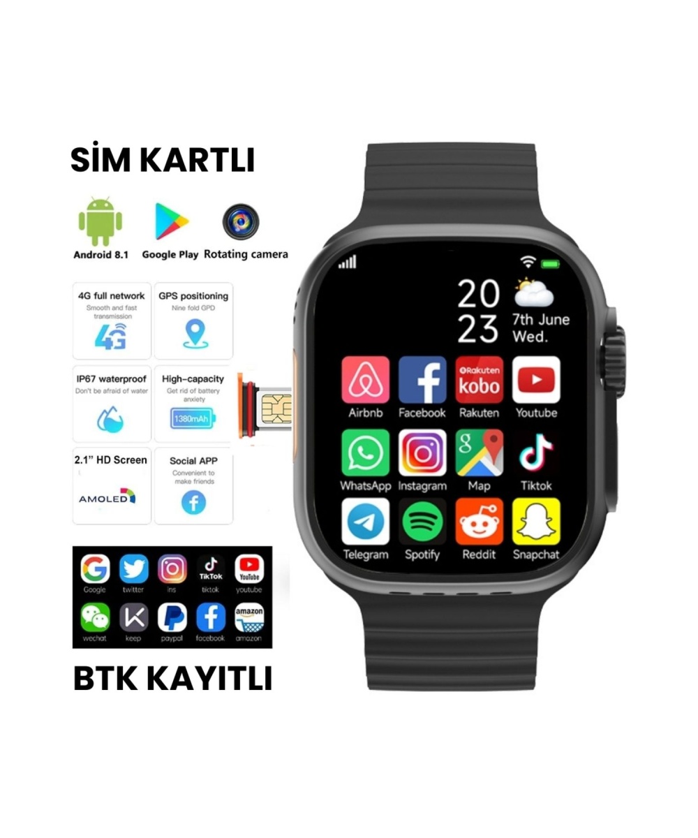 Watch Ultra Kameralı 4g Sim Kartlı 32gb Akıllı Saat Çocuk Wifi Googleplay Iphone Huawei Uyumlu 8-9