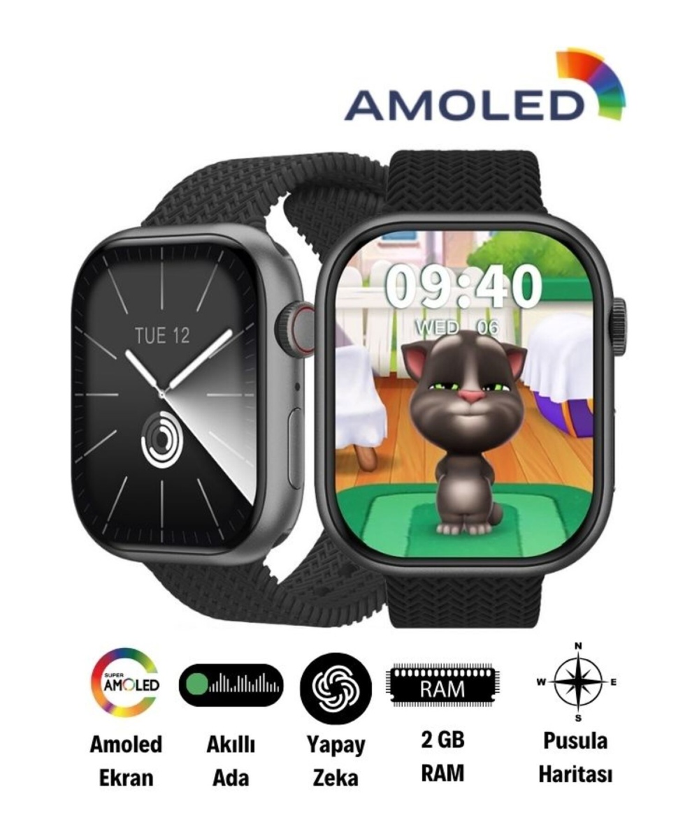 Watch 9 Siyah HK9 Pro Plus Akıllı Saat - AMOLED Ekran, Sesli Görüşme, iPhone & Huawei Uyumlu 8-10
