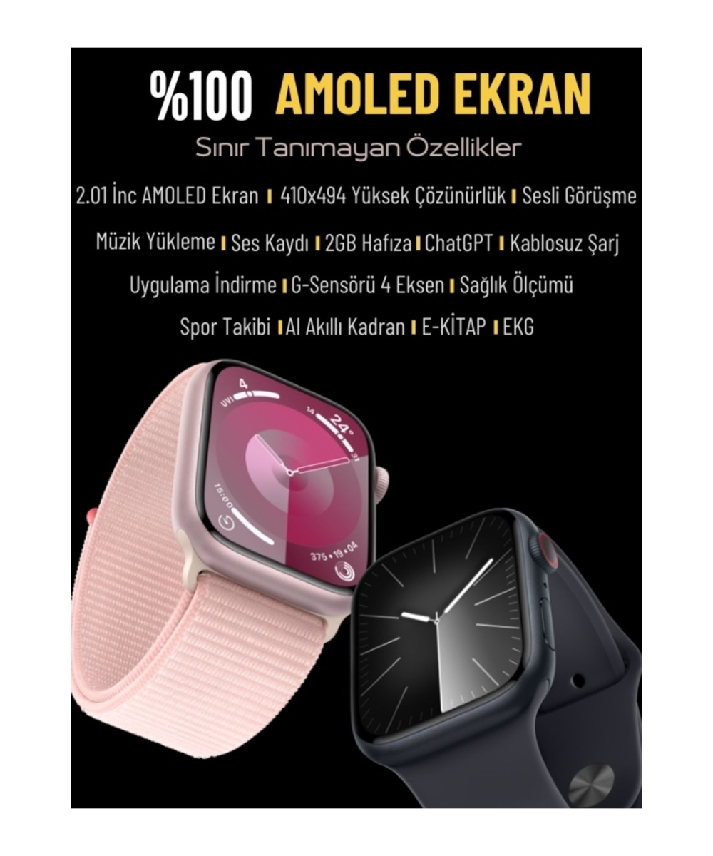 Watch 9 Siyah HK9 Pro Plus Akıllı Saat - AMOLED Ekran, Sesli Görüşme, iPhone & Huawei Uyumlu 8-10