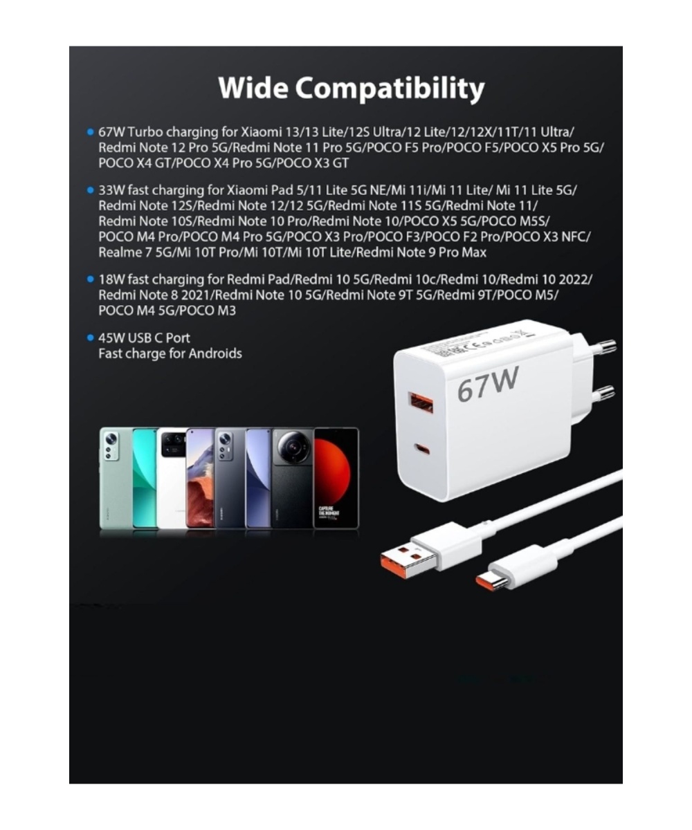 FOX 67W Turbo Telefon Şarj Cihazı Aleti Adaptör/6A Kablo Seti Type C Usb Xiaomi Redmi Uyumlu Duvar Tipi