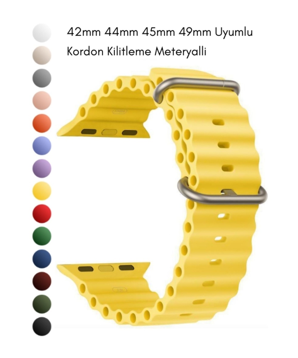 Ocean Loop Sarı Silikon Kordon 42,44,45,49mm Apple Watch Uyumlu 7,8,9,10,ultra Akıllı Saat Kordonu