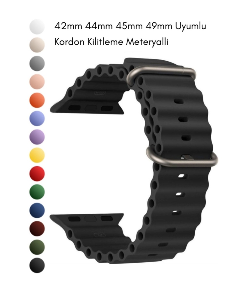 Ocean Loop Siyah Silikon Kordon 42,44,45,49mm Apple Watch Uyumlu 7,8,9,10,ultra Akıllı Saat Kordonu