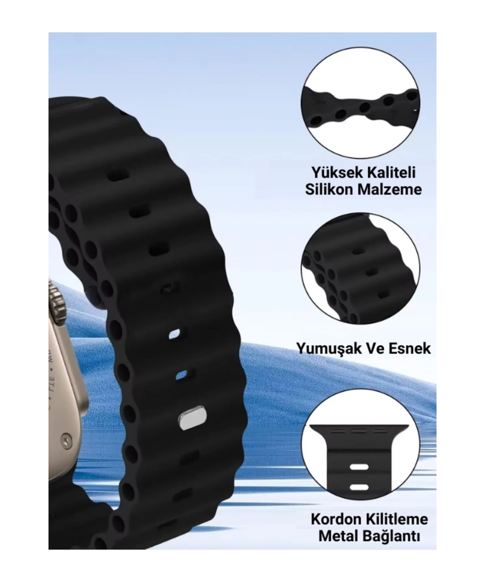 Ocean Loop Siyah Silikon Kordon 42,44,45,49mm Apple Watch Uyumlu 7,8,9,10,ultra Akıllı Saat Kordonu