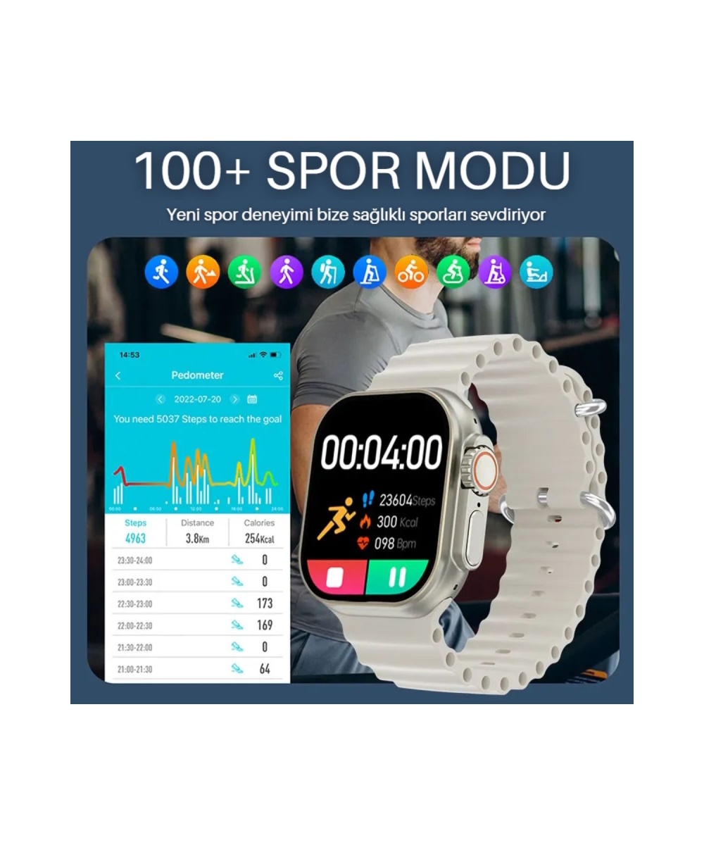 Watch 8 Ultra 7 Kordonlu 49mm Sesli Görüşmeli Akıllı Saat Huawei Iphone Xiaomi Samsung Uyumlu 9