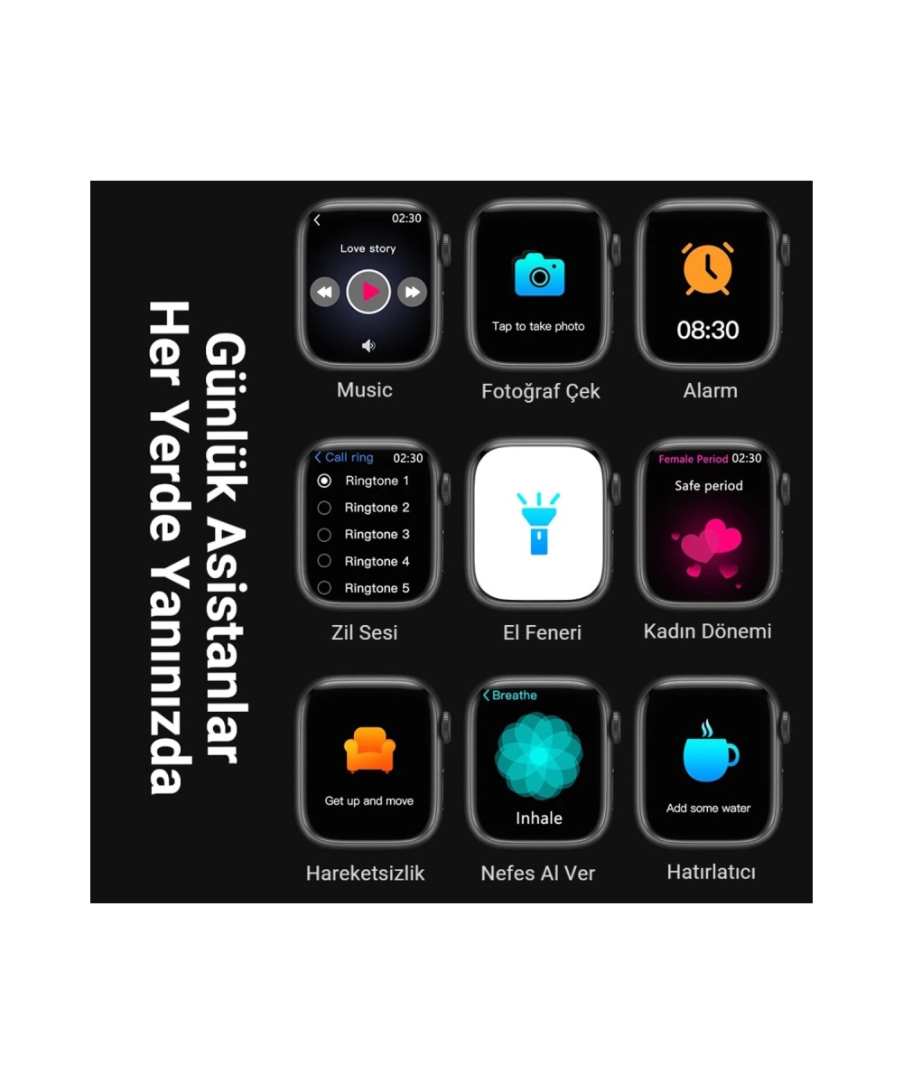 Watch 9 Gps 45mm Siyah Amoled Ekran Pusula Nfc Akıllı Saat Ve Spor Kordon Iphone Huawei Uyumlu 8