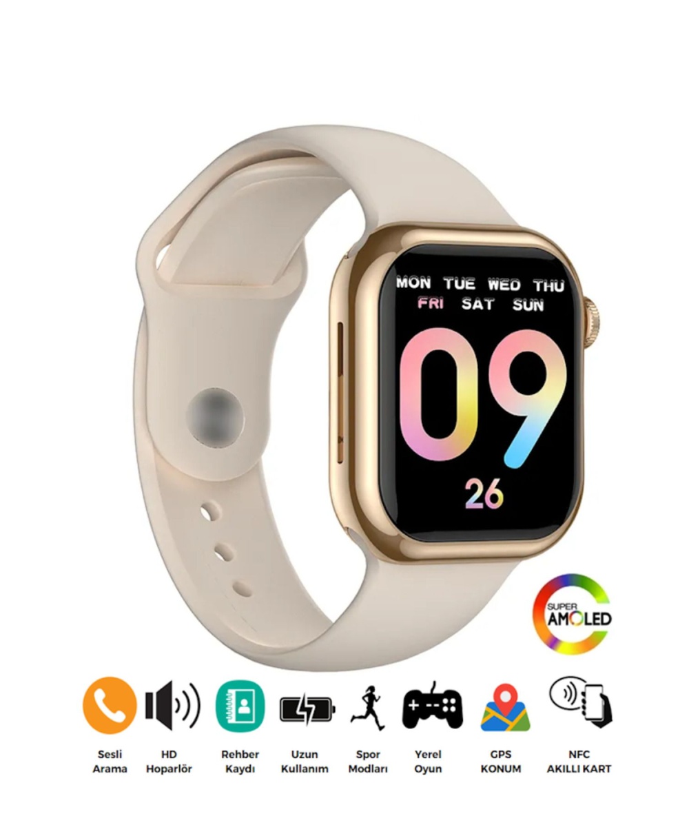 Watch 8 Gold 2.0 Inç Amoled Ekran Spor 2 Kordonlu Krem-bej Akıllı Saat Iphone Huawei Xiaomi Uyumlu 9