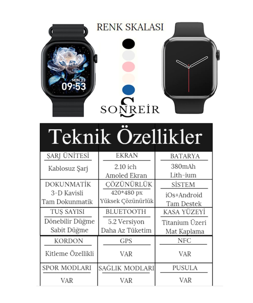 Watch 8 Gold 2.0 Inç Amoled Ekran Spor 2 Kordonlu Krem-bej Akıllı Saat Iphone Huawei Xiaomi Uyumlu 9