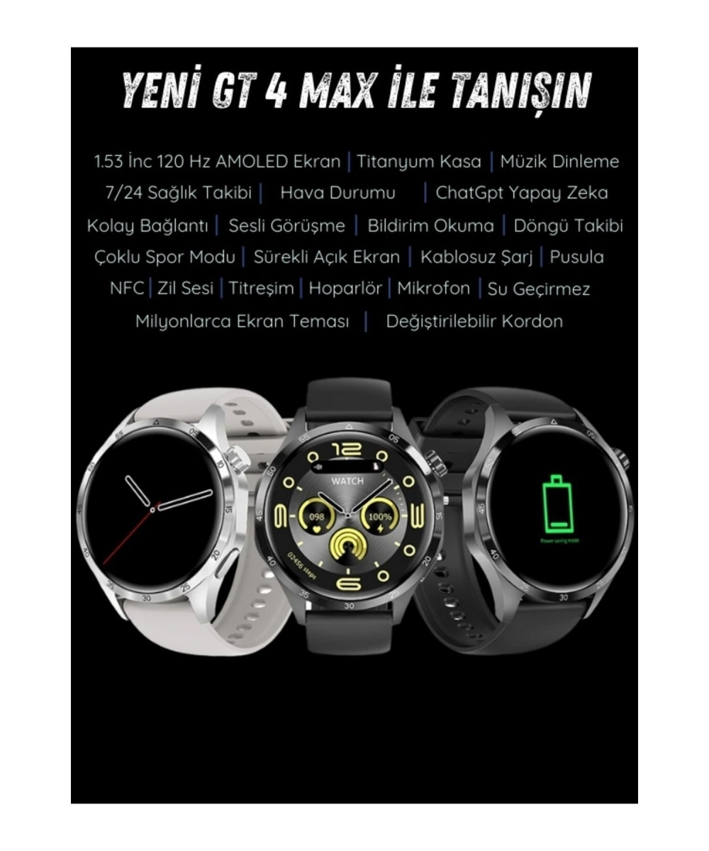 GT4 Max Siyah 46mm Akıllı Saat – Sesli Görüşmeli, NFC & GPS Destekli, Android & Huawei iPhone Uyumlu Watch 8-9-10