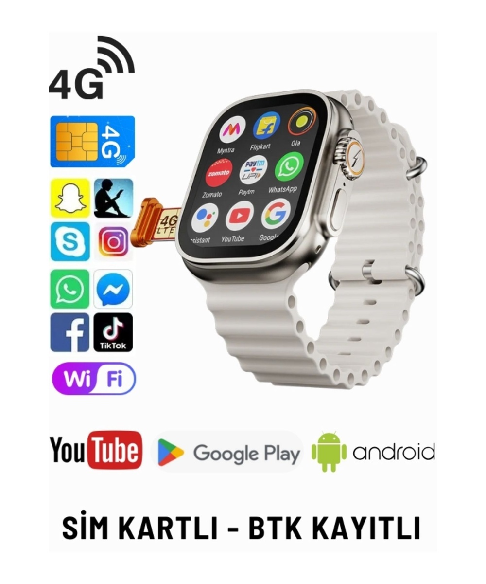 Watch 10 Ultra 4G Lite Sim Kartlı Android Akıllı Saat GPS, Wİ-Fİ,Youtube,Çocuk iPhone Huawei Uyumlu 8,9