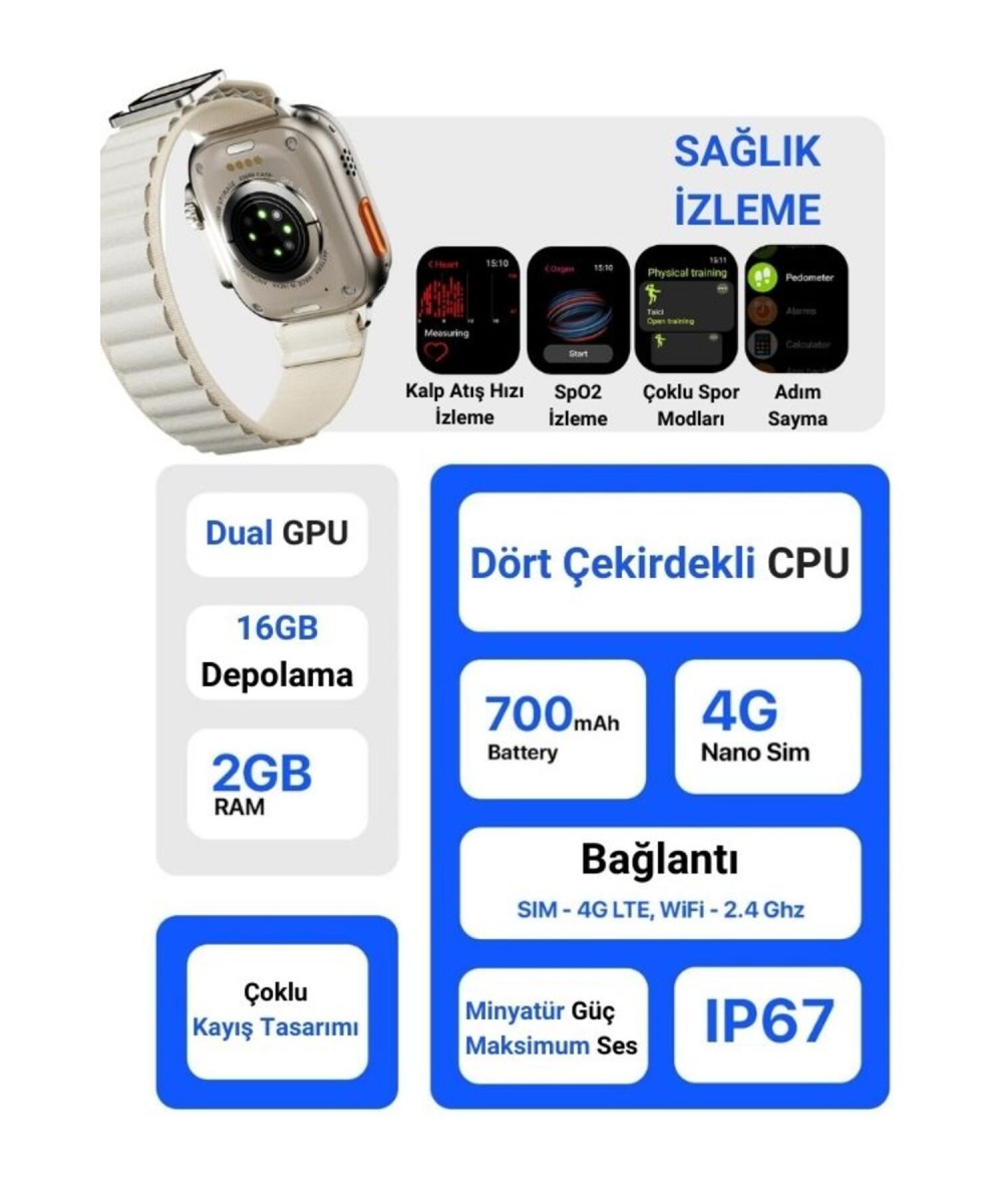 Watch 10 Ultra 4G Lite Sim Kartlı Android Akıllı Saat GPS, Wİ-Fİ,Youtube,Çocuk iPhone Huawei Uyumlu 8,9