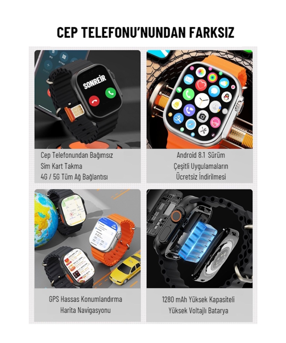 Watch 10 Ultra 4G Lite Sim Kartlı Android Akıllı Saat GPS, Wİ-Fİ,Youtube,Çocuk iPhone Huawei Uyumlu 8,9