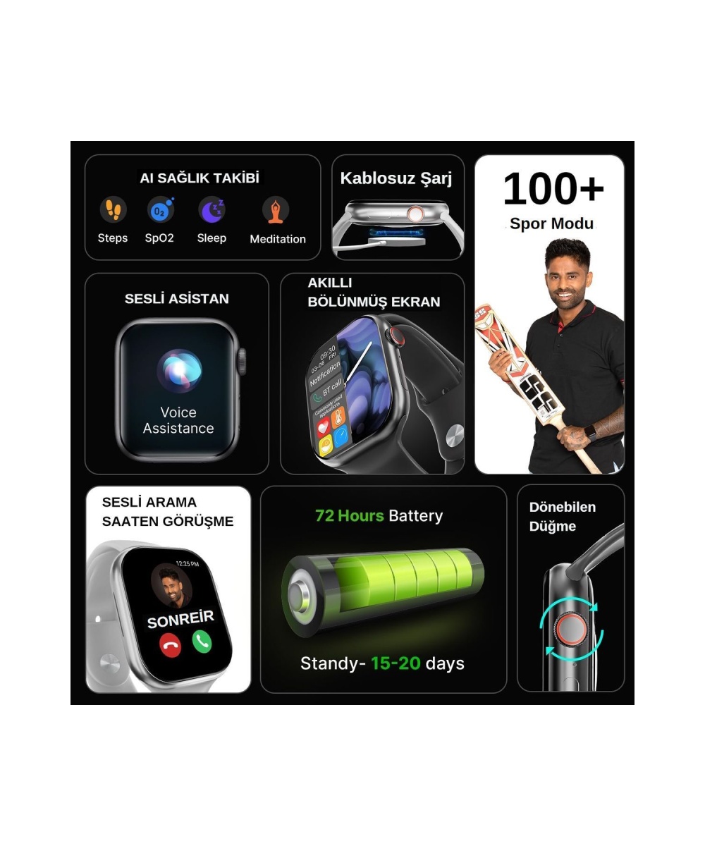 Watch S 10  Pro Max 45mm Siyah Akıllı Saat - 7 Kordonlu Arama Yapabilen, iPhone, Huawei, Uyumlu 8,9