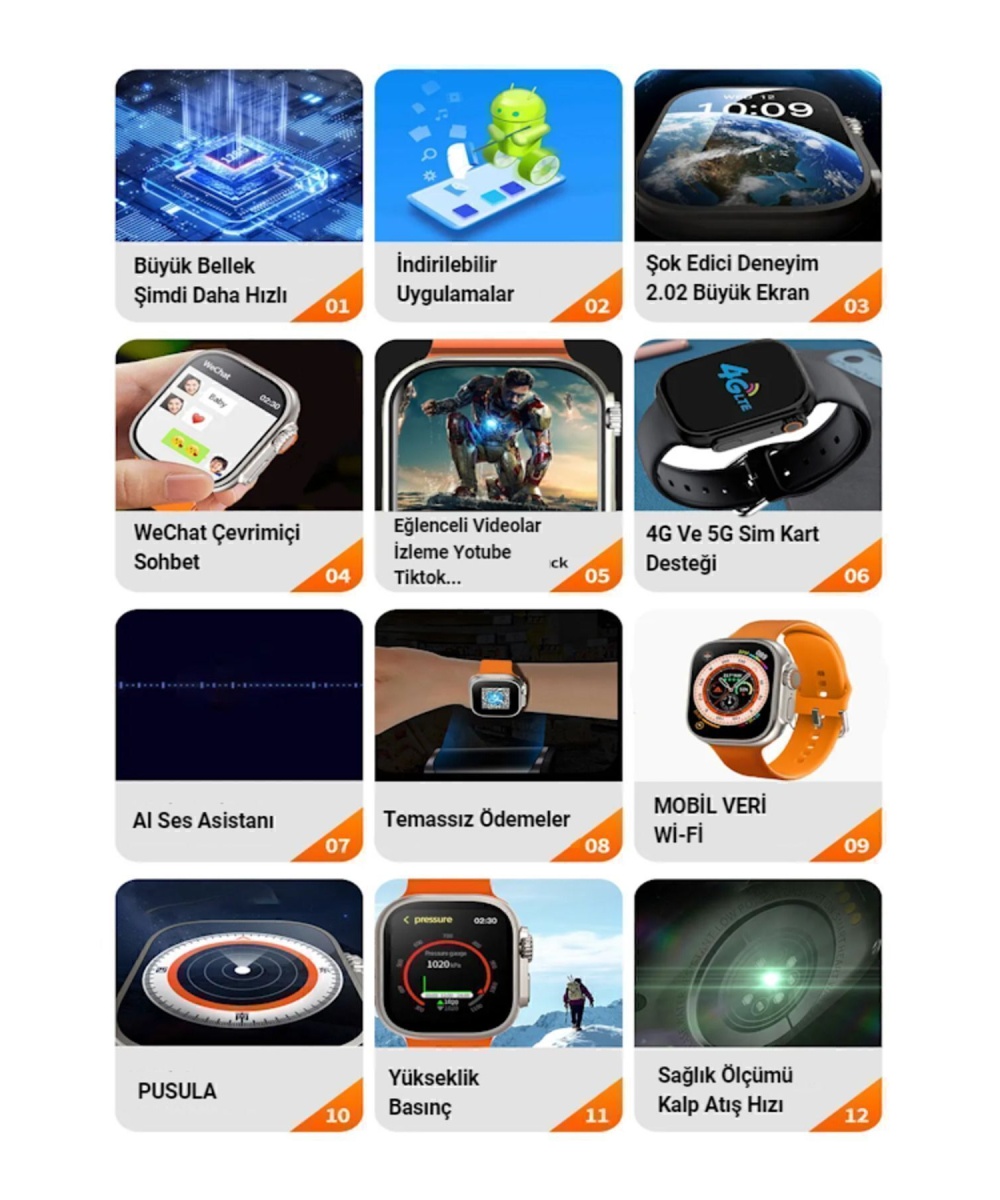 Watch 8 Ultra 4G Sim Kartlı Siyah 32GB Android Akıllı Saat GPS-WİFİ-YOUTUBE Çocuk iPhone Huawei Uyumlu 9 HKONE