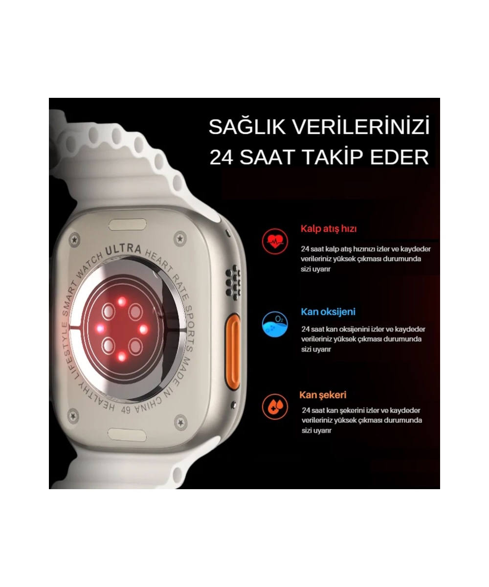 Watch 9 Ultra 2 49mm Akıllı Saat – 7 Kordonlu,Koruma Kılıflı Arama Yapabilen, iPhone,Huawei Uyumlu 8
