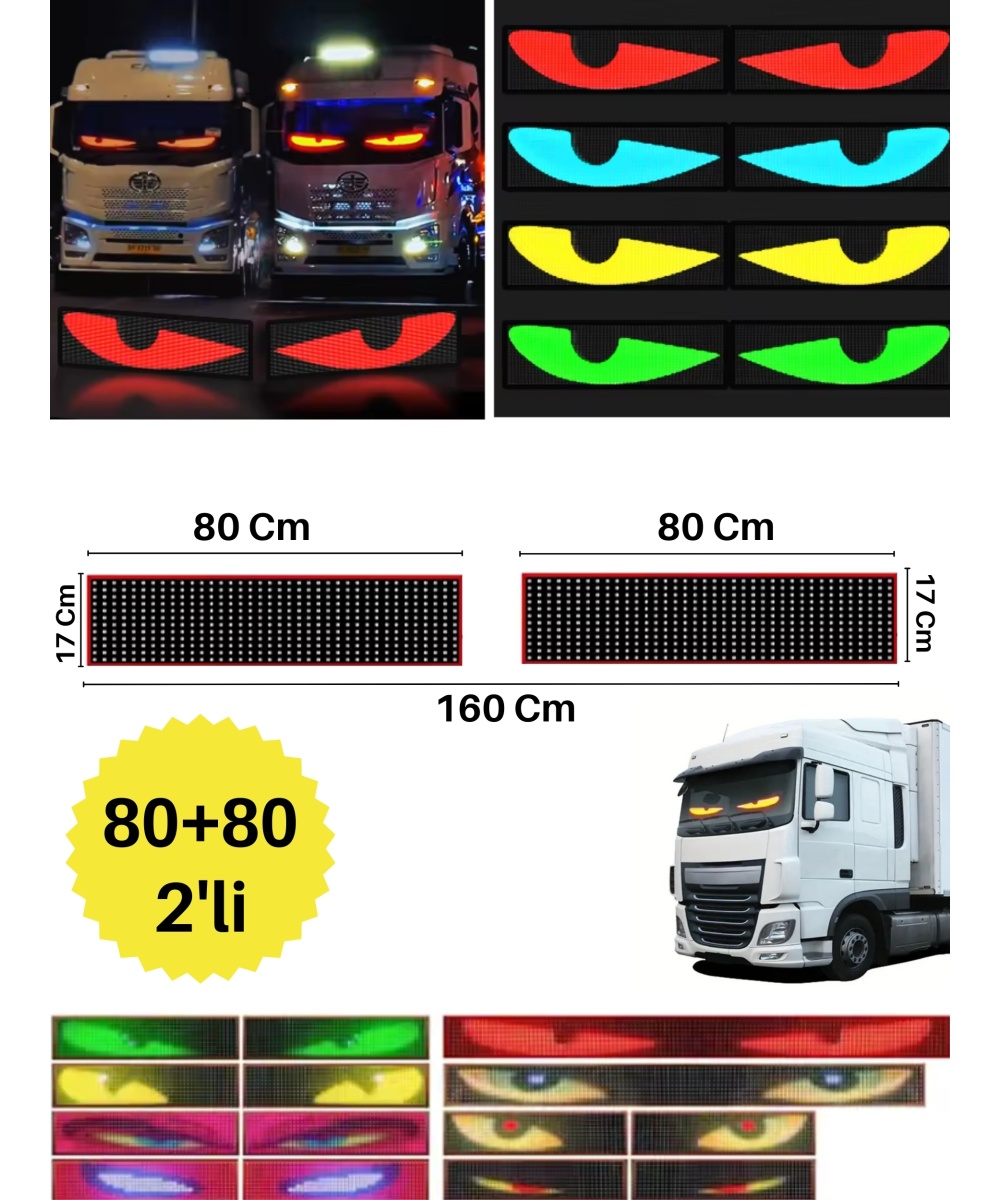 80+80cm 2li Şeytan Led Gözler Animasyonlu Araba,kamyon,otobüs Kumandalı Esnek Ön Arka Cam Rgb Ekran
