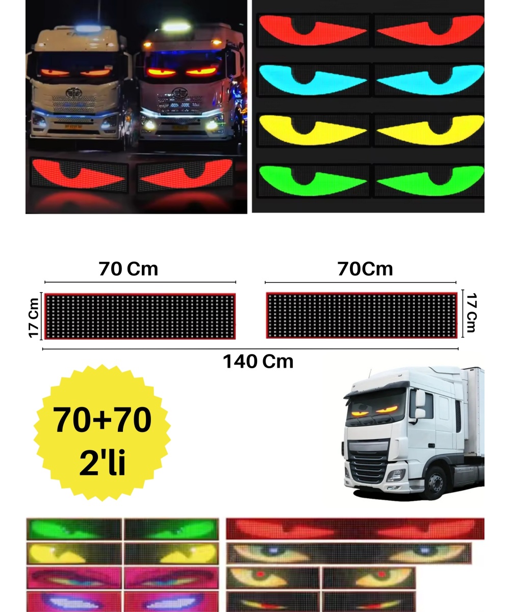 70+70cm 2li Şeytan Led Gözler Animasyonlu Araba,kamyon,otobüs Kumandalı Esnek Ön Arka Cam Rgb Ekran