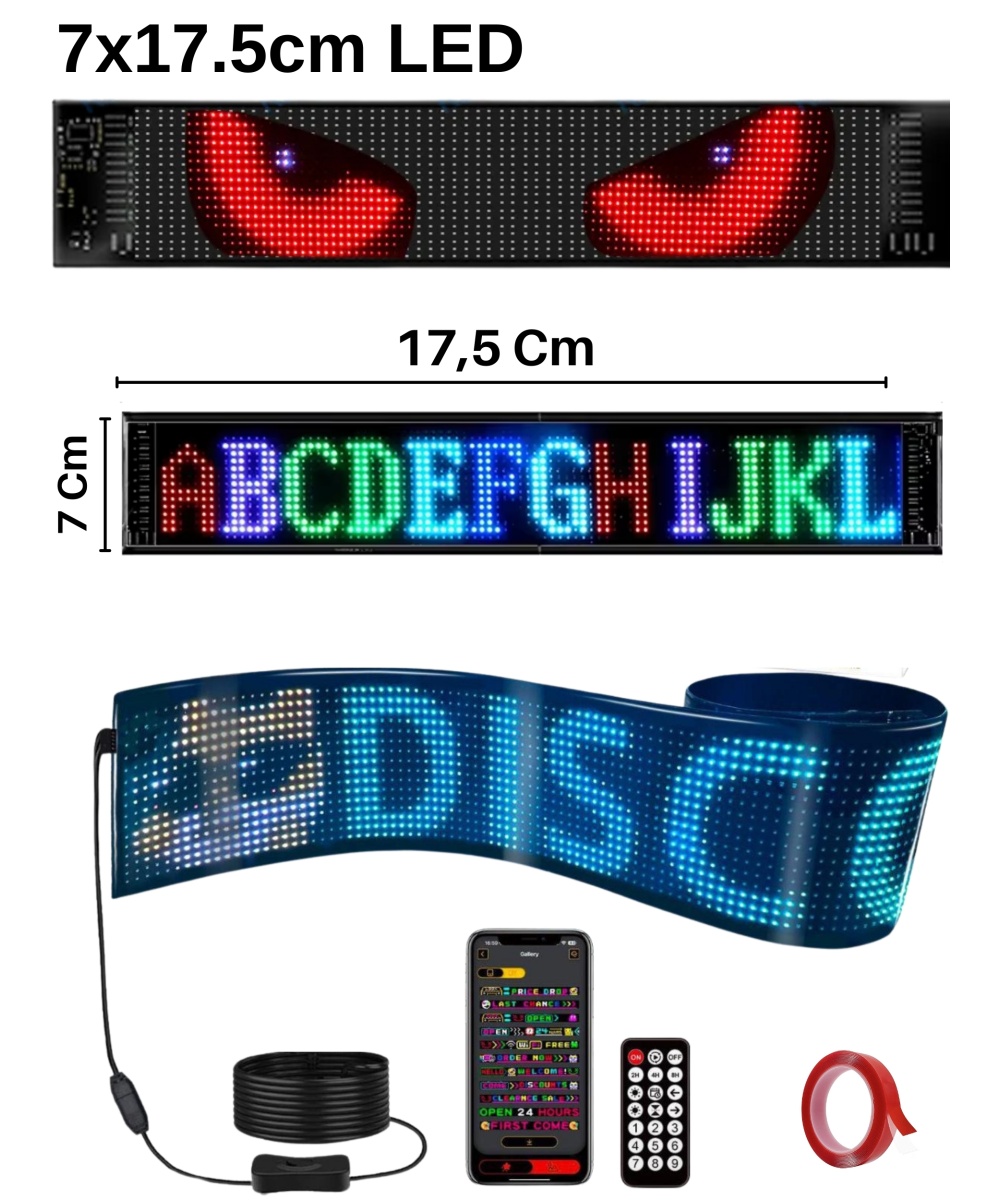 7x17.5cm Matrix Esnek LED Ekran Şeytan Gözler-Yazı-Gif Telefon Kontrollü Bluetooth Tabela Araba Kamyon Dükkan
