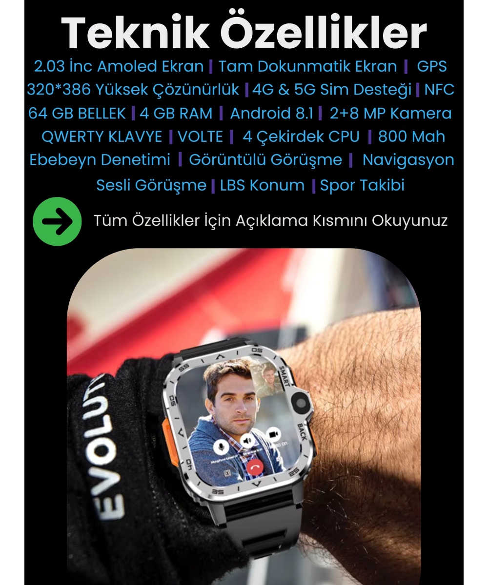Watch PG Ultra 4G LTE 64GB Sim Kartlı Kameralı Akıllı Saat Wi-Fi Çocuk Huawei İphone Uyumlu 8,9,10