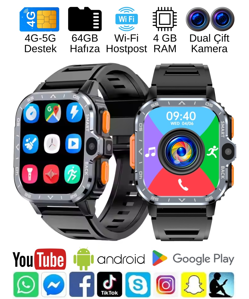 Watch PG Ultra 4G LTE 64GB Sim Kartlı Kameralı Akıllı Saat Wi-Fi Çocuk Huawei İphone Uyumlu 8,9,10