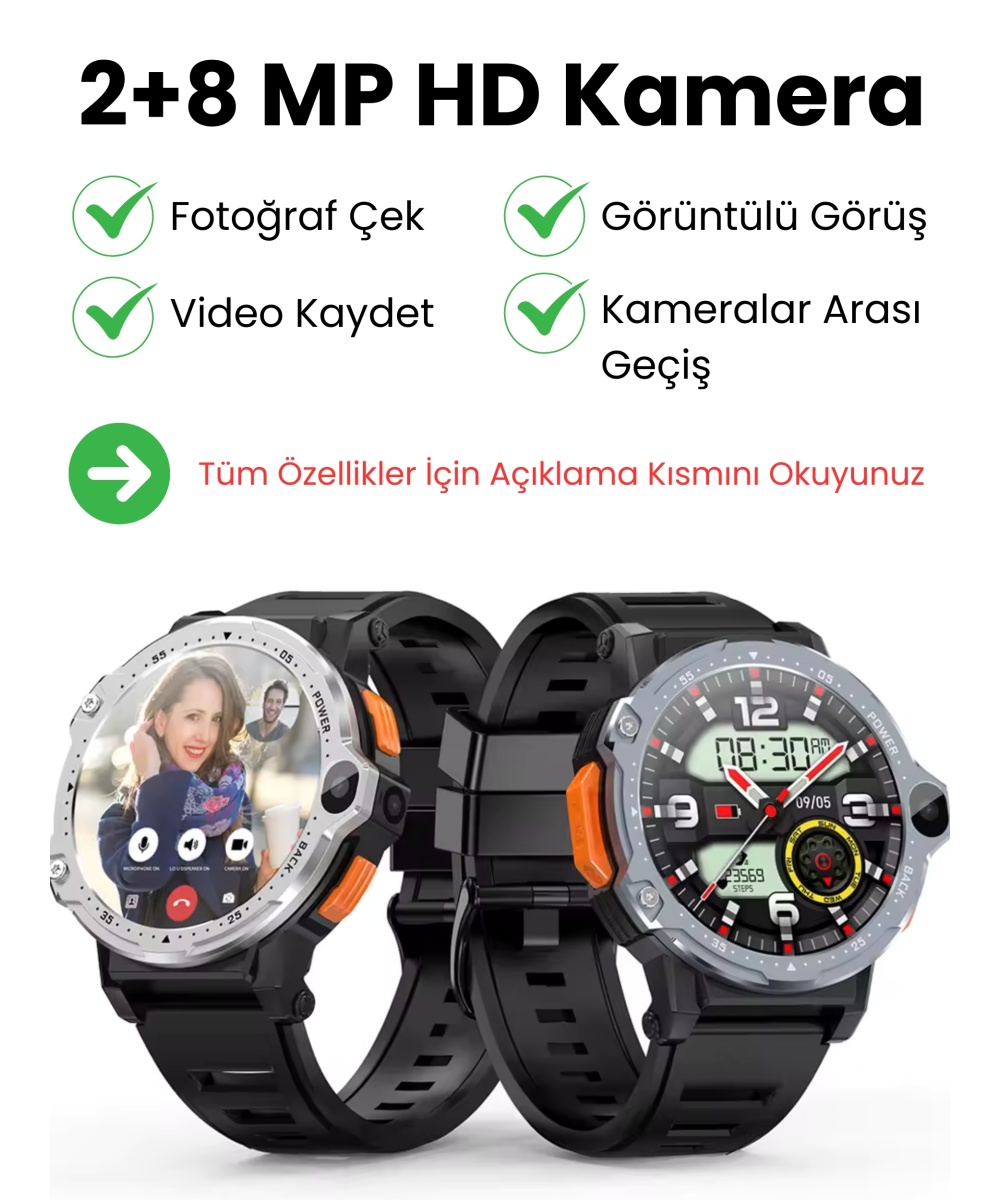 Watch PG 4G LTE Yuvarlak Akıllı Saat 64GB SIM Kartlı Kameralı WiFi Çocuk Ve Yetişkin Huawei iPhone Uyumlu 8 9 10