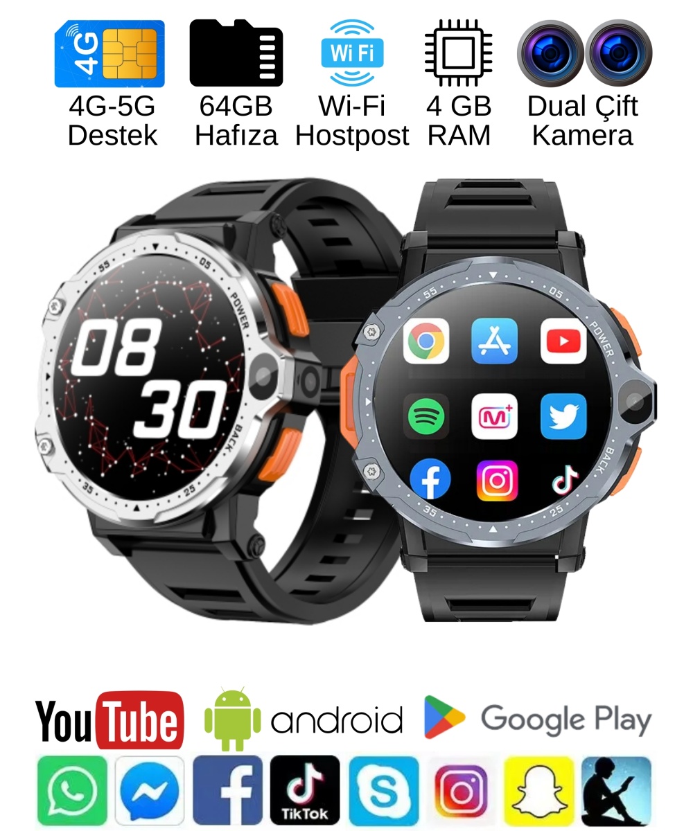 Watch PG 4G LTE Yuvarlak Akıllı Saat 64GB SIM Kartlı Kameralı WiFi Çocuk Ve Yetişkin Huawei iPhone Uyumlu 8 9 10