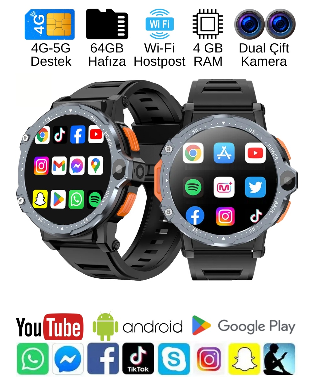 Watch PG 4G LTE Yuvarlak Akıllı Saat 64GB SIM Kartlı Kameralı WiFi Çocuk Ve Yetişkin Huawei iPhone Uyumlu 8 9 10