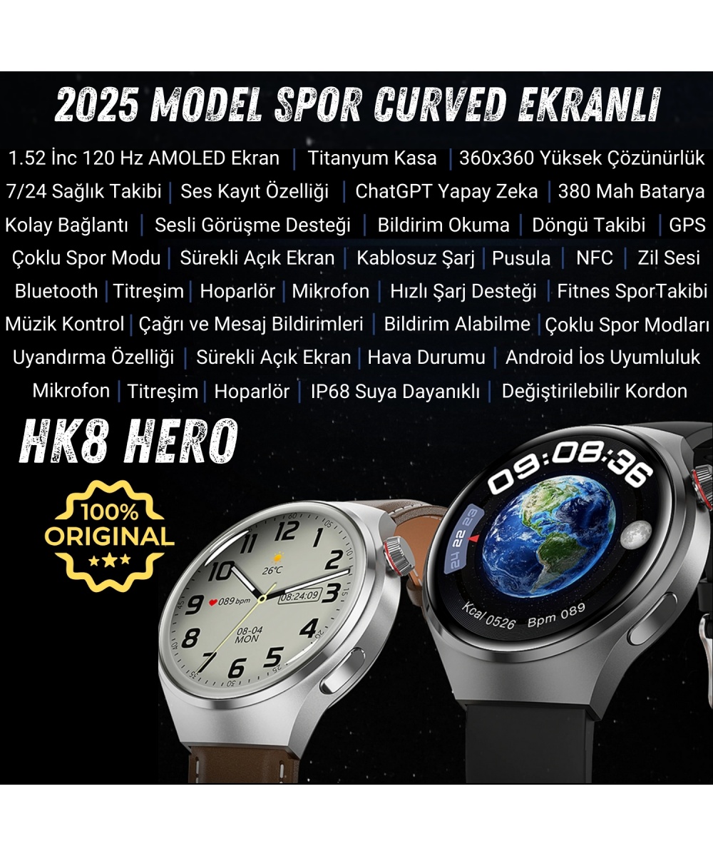 2025 HK8 Hero Akıllı Saat - AMOLED Ekranlı, Sesli Arama Özelliği, Huawei iPhone Uyumlu Watch 8-9-10