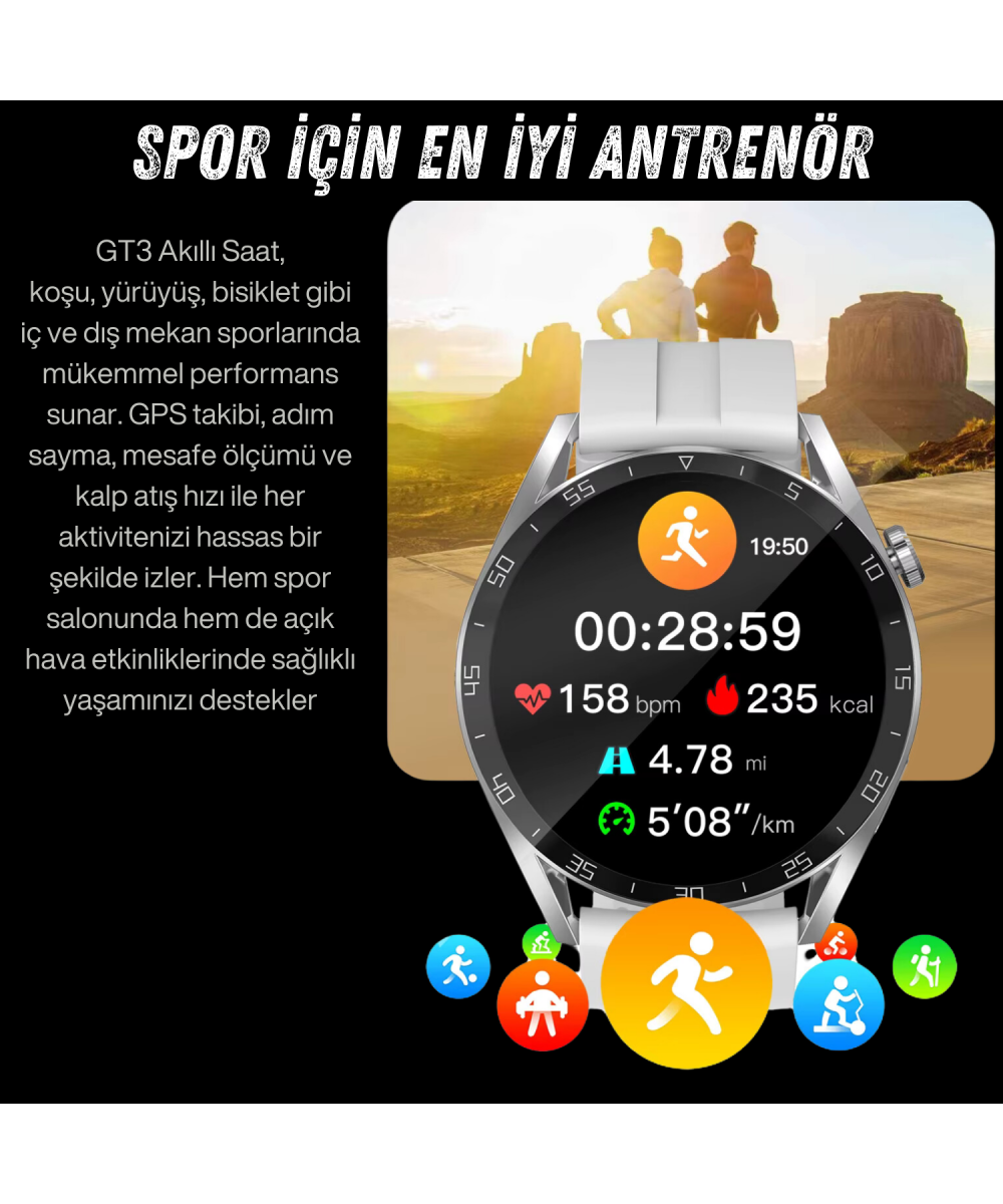 1.52 İnç AMOLED Spor Erkek Akıllı Saat - Yuvarlak Kasa, Android-Huawei - iPhone Uyumlu Watch 8,9,10