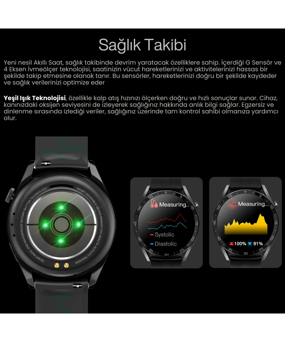 1.52 İnç AMOLED Spor Erkek Akıllı Saat - Yuvarlak Kasa, Android-Huawei - iPhone Uyumlu Watch 8,9,10